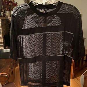 bebe Sport Black Sheer Mesh Short Sleeve Crew Top with Stripe Panels, Size Large